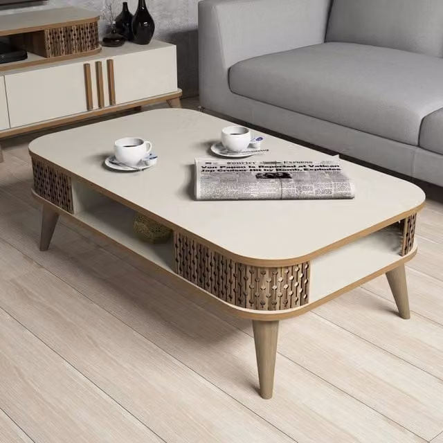Tavolino da salotto moderno DMORA con un vano, Bianco Crema, L: 105 cm, P: 60 cm, H: 34.6 cm