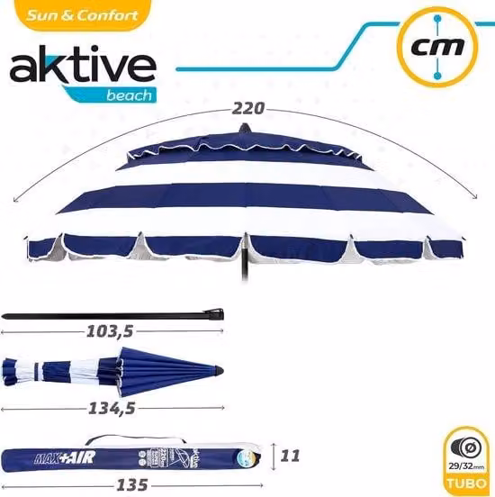 Ombrellone da spiaggia antivento con protezione UV50, Ø 220 cm, altezza regolabile e palo inclinabile, molto resistente al vento, con custodia da viaggio inclusa