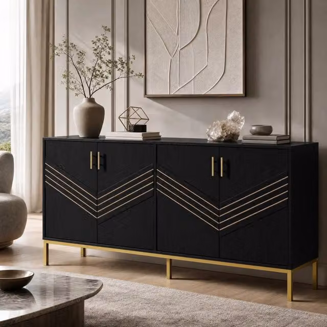 Sideboard moderno MODFU a 4 ante in MDF nero e oro con finitura opaca L: 160 cm, P: 40 cm, H: 80,5 cm