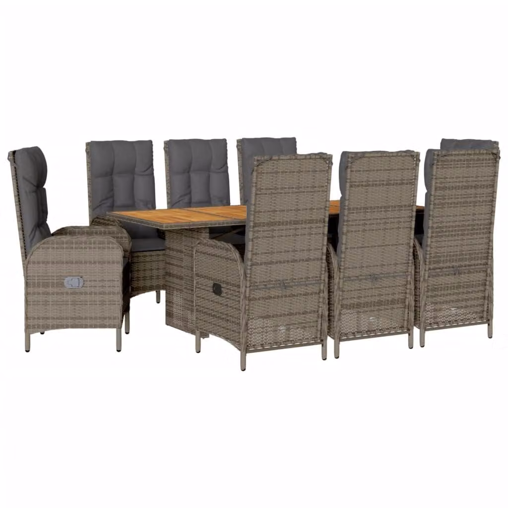 Set da Pranzo da Giardino 9 pz con Cuscini in Polyrattan Grigio