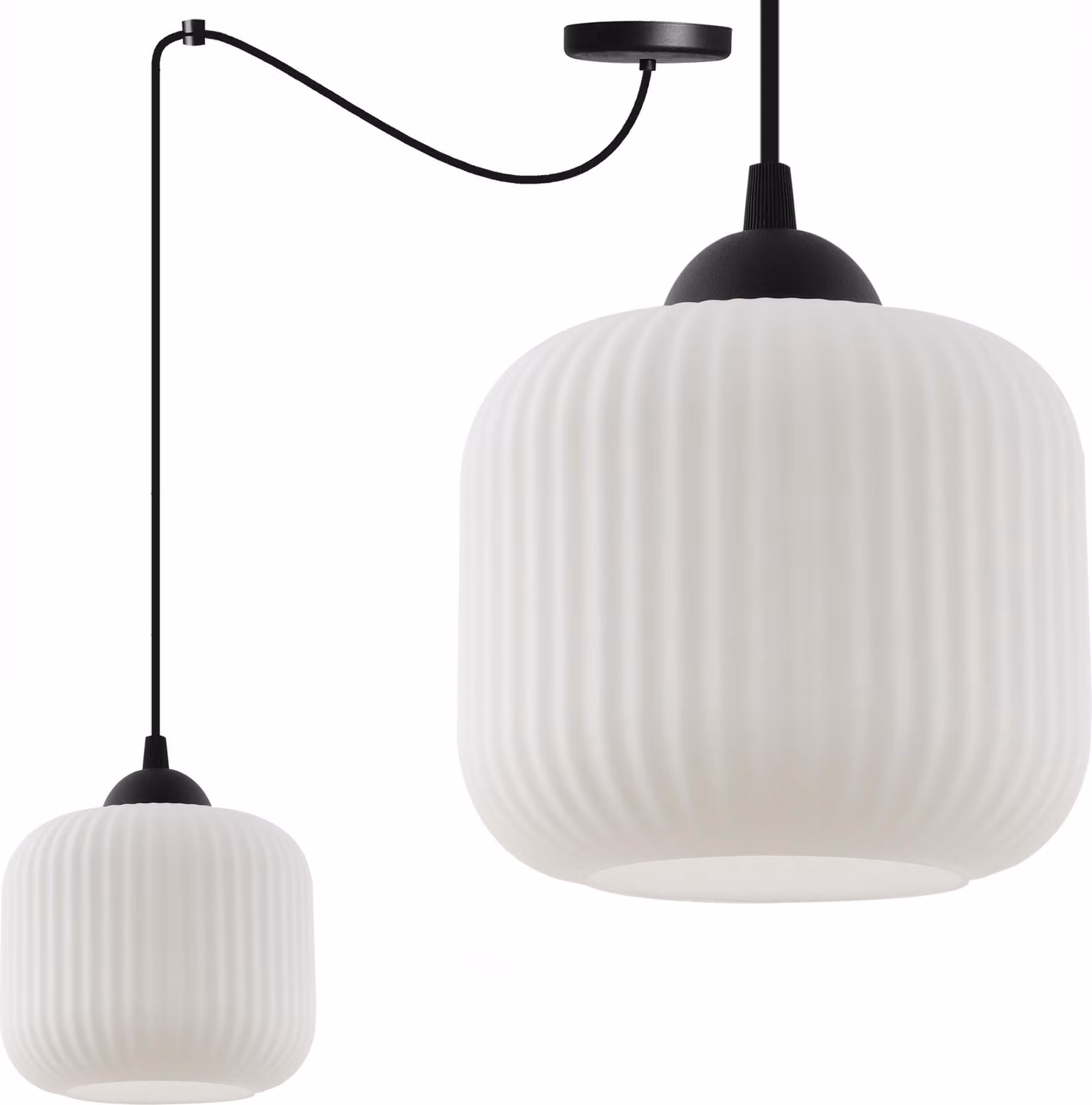 Lampada a sospensione Riffle Spider nera a 1 luce, vetro bianco cilindrico E27
