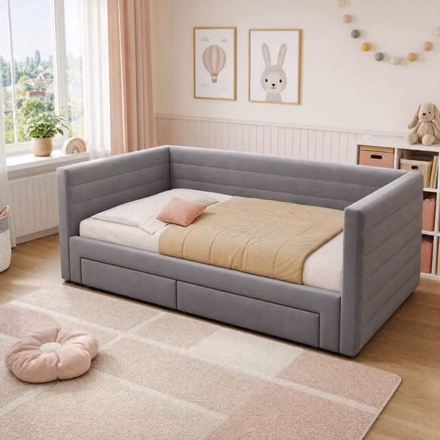 Divano letto Mivray grigio con 2 cassetti, espandibile da 90x190 cm a 180x190 cm
