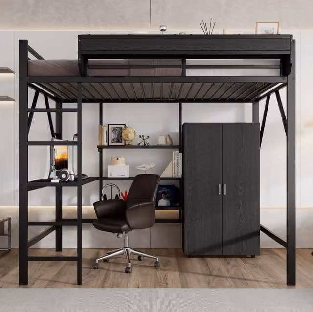 Letto a soppalco ULEVR 140x200 cm con scrivania, armadio integrato e ripiani, metallo e MDF nero