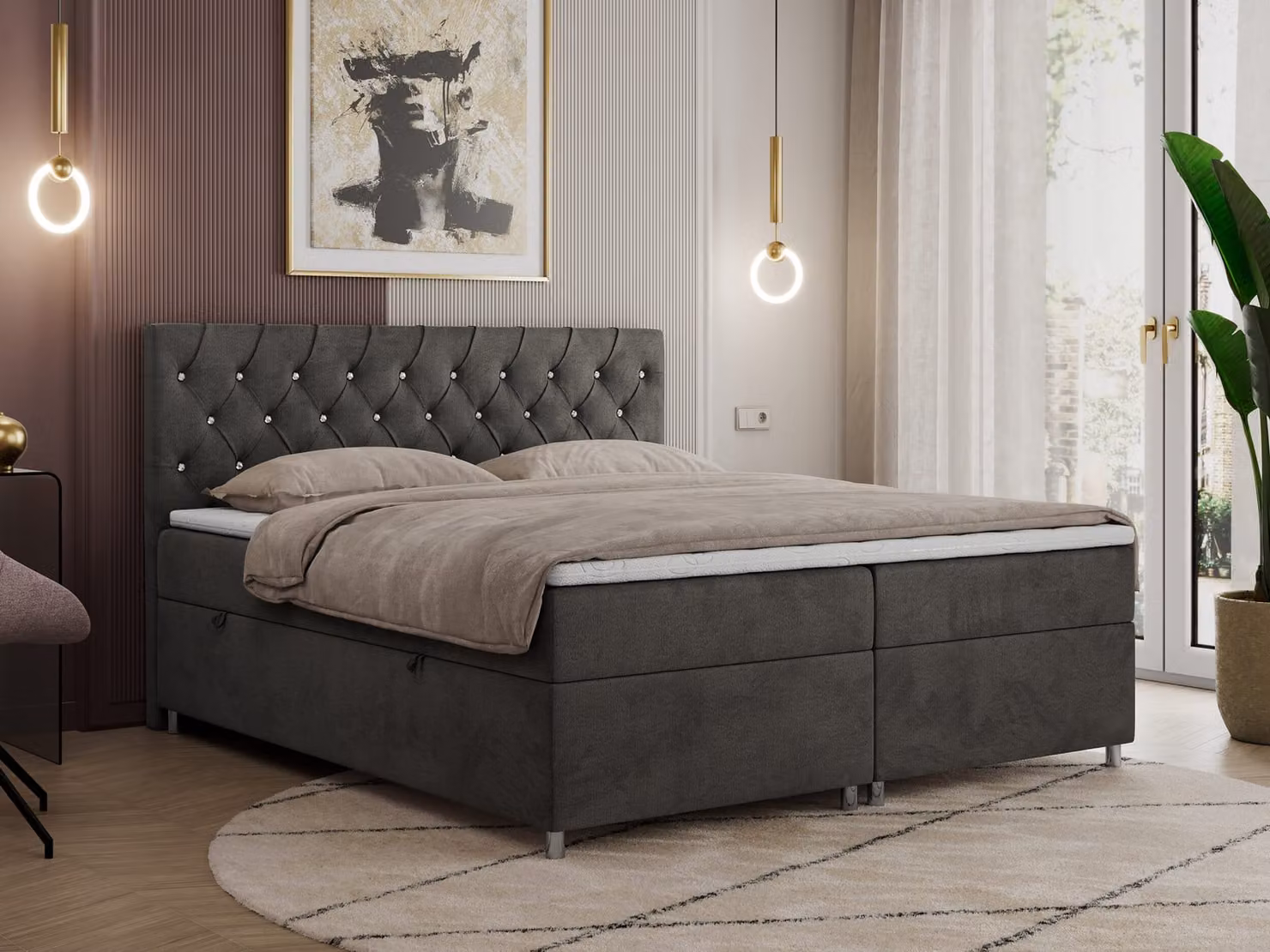 Letto boxspring 160x200 con contenitore, letto boxspring 160x200 con materasso, letto matrimoniale con materasso e topper - Letto imbottito con testiera - ROMA - 160x200 - Grigio scuro - Velvet - H3