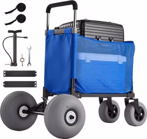 Carrello da spiaggia VEVOR con ruote grandi da 30 cm e maniglia regolabile, disponibile in nero o blu, con struttura in alluminio e tessuto in poliestere, portata massima 75 kg