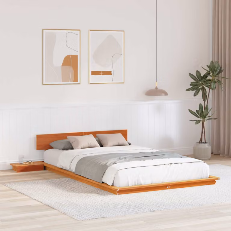 Struttura del letto moderna vidaXL in legno di pino marrone con ripiani laterali L 120 x P 200 cm