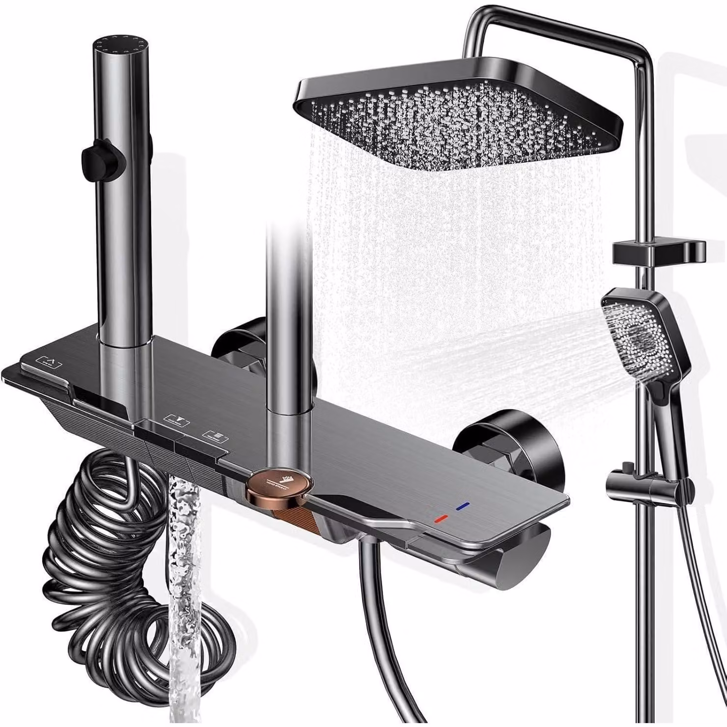 Sistema doccia completo con miscelatore, doccia a pioggia di grandi dimensioni, 4 funzioni, altezza regolabile da 83 a 110 cm, realizzato in ottone e vetro temperato, colore grigio
