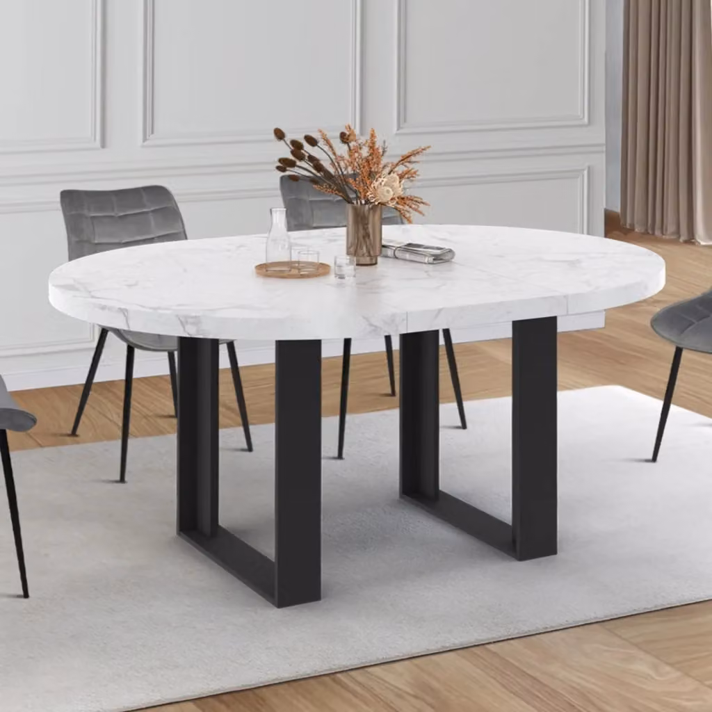 IDMarket Tavolo da pranzo rotondo allungabile PHOENIX per 4-6 persone con piano effetto marmo bianco ALASKA, L: 110-150 cm, P: 110-150 cm, H: 75 cm – 2