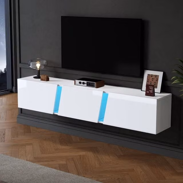 Mobile TV sospeso REDOM bianco lucido con illuminazione LED controllabile tramite APP e 3 ante L: 180 cm, P: 35 cm, H: 30 cm – 1