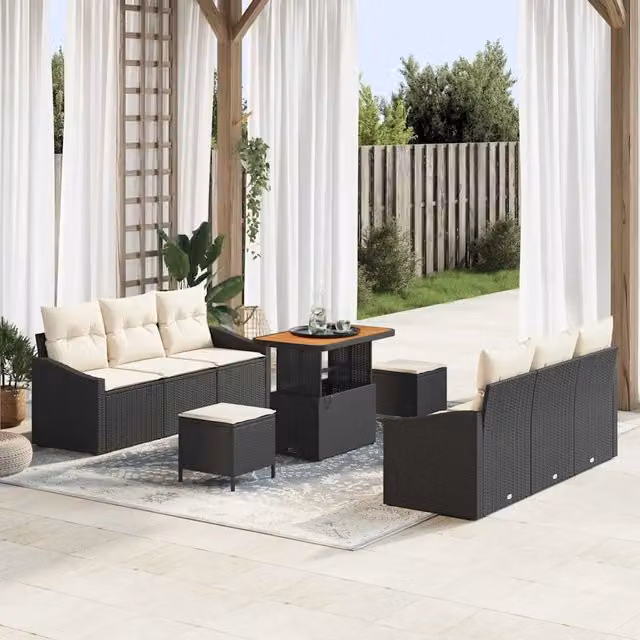 Set Divano da Giardino 9 pz 8-Numero di posti Nero e Crema 3364560