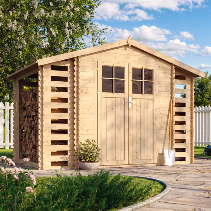 Casa di legno Casa da giardino con legnaia TIMBELA M391F+M391G - con pavimento impregnato - 3,53 + 0,97 + 0,97 m2