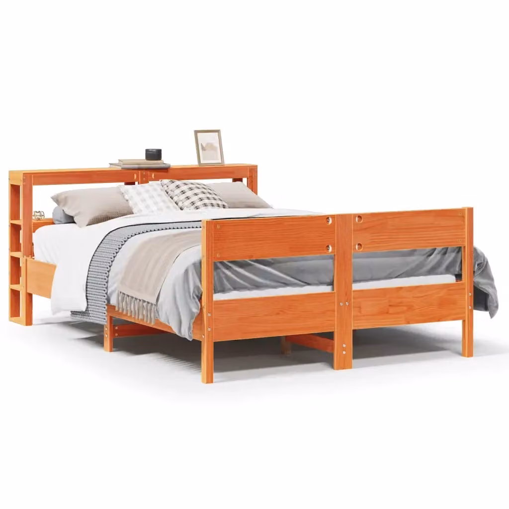 Letto rustico in legno di pino cerato marrone con ripiani laterali vidaXL L: 214.5 cm, P: 141.0 cm, H: 82.0 cm – 2