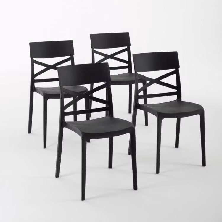 set di 4 sedie impilabili in polipropilene con fibra di vetro per uso esterno e giardino, bar e ristorante, cucina design moderno - MARTINA - Nero