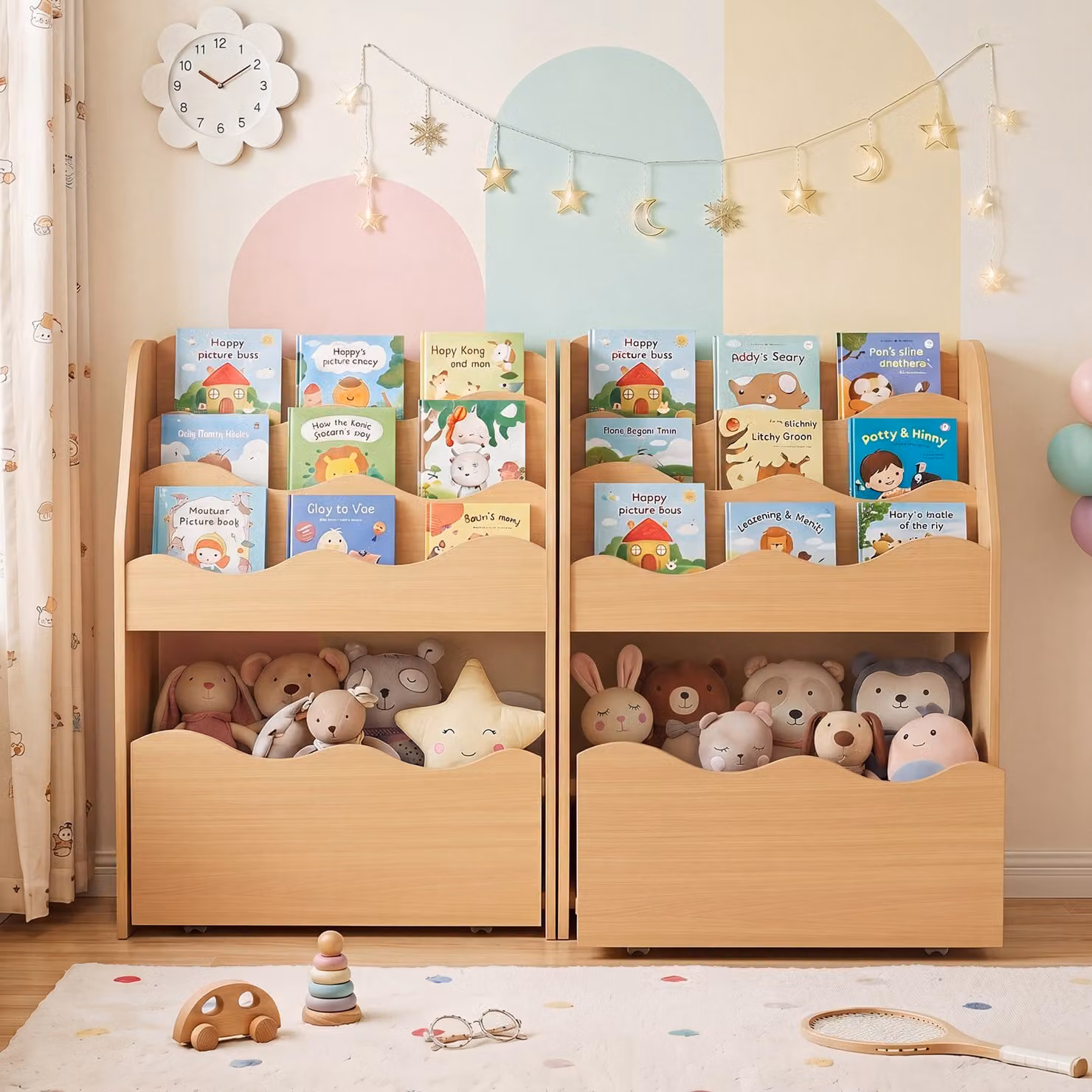 Libreria montessoriana Costway per bambini in legno a 4 livelli con cassetto portagiochi e ruote, colore Naturale