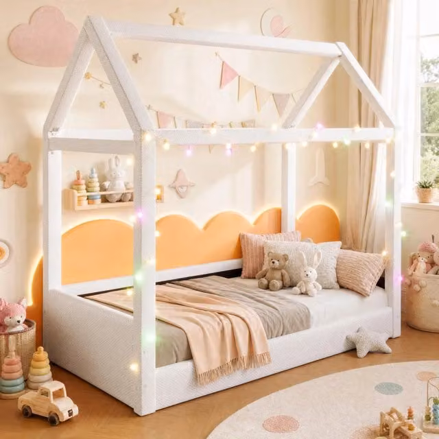 Letto da giorno imbottito a forma di casa Elvmi per bambini con luci LED, beige e bianco, L/P/H: 200 x 90 x 120 cm