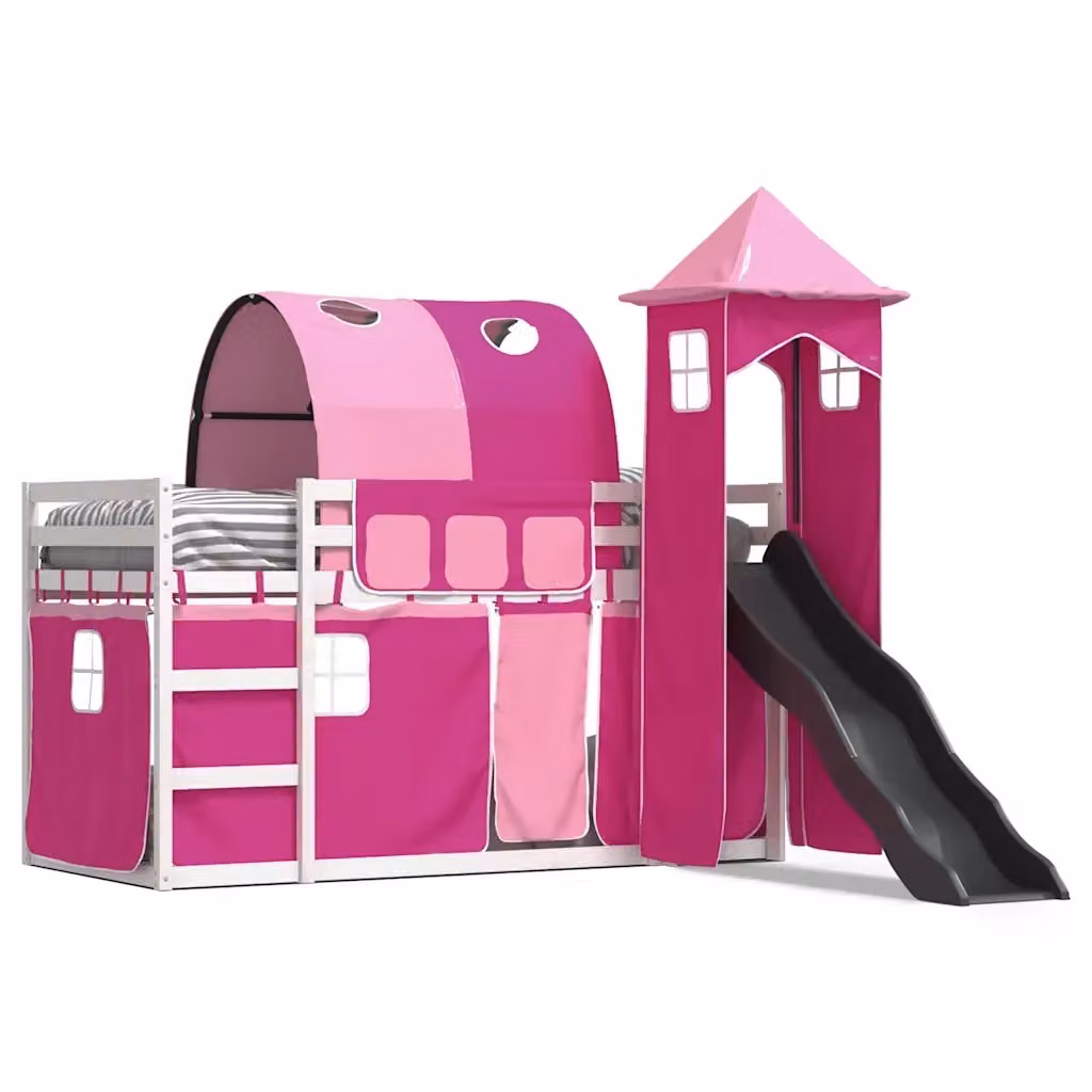 Letto a castello per bambini vidaXL in legno di pino con scivolo e tende rosa L/P/H: 205.5 x 90 x 113 cm – 2