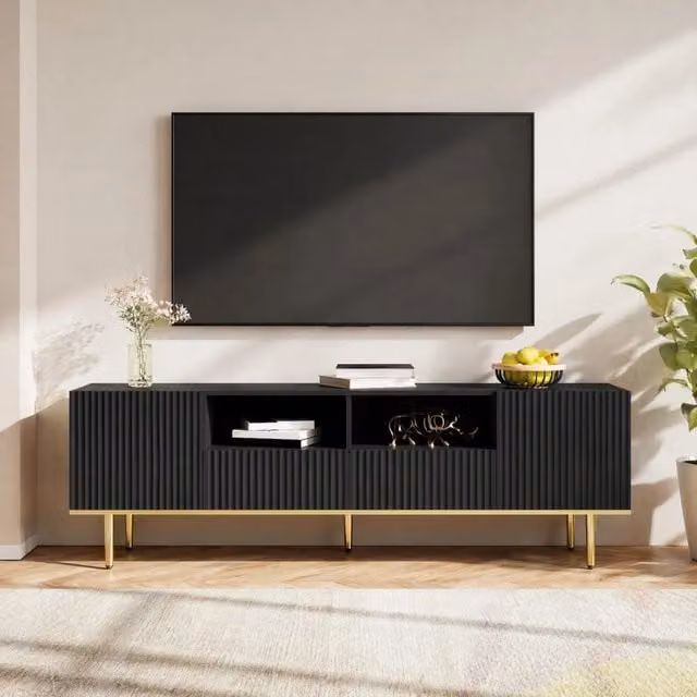 Mobile TV moderno 165 cm con 2 ante; 2 cassetti e dettagli oro; nero