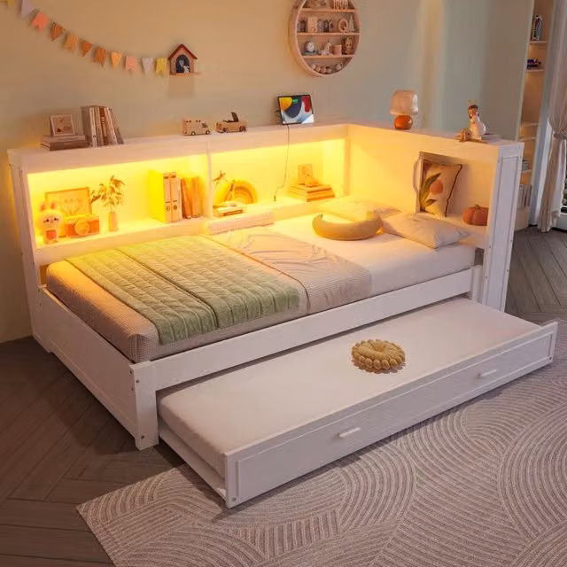 Letto singolo 90x200 cm bianco con letto estraibile; LED e prese USB e Type-C
