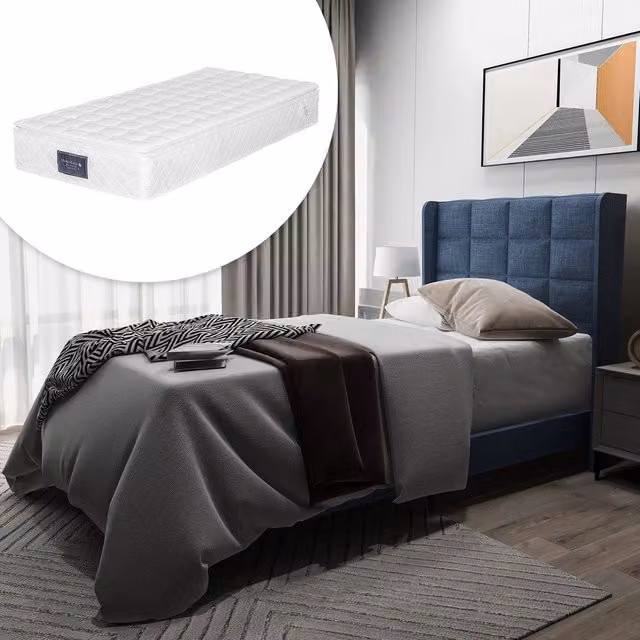 Letto Singolo Imbottito con Testiera e Rete a Doghe ¨C MINIMAL ¨C 90x200 Blu Lino con Materasso