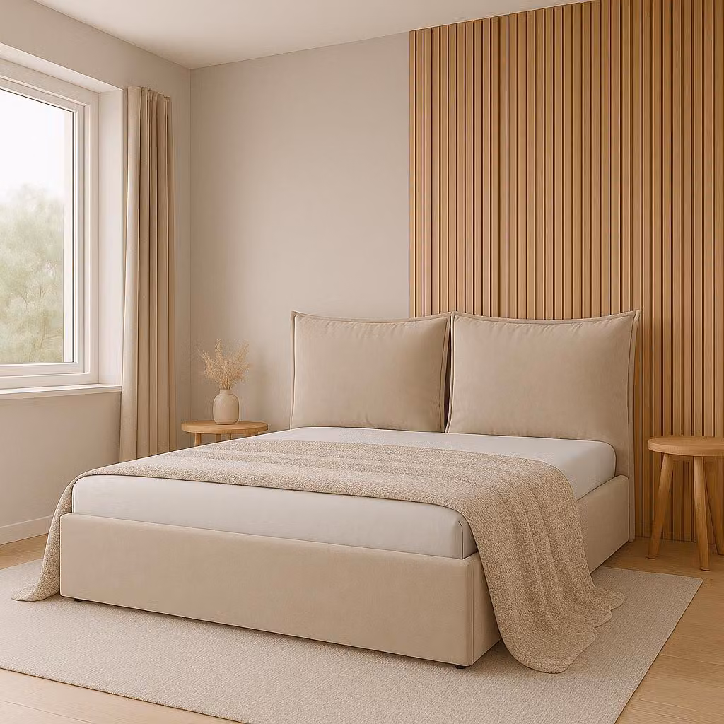 Letto imbottito GUTTO modello GLAMMY, 160x200 cm, con rete metallica, rivestito in velluto beige, dotato di contenitore e spazio di stoccaggio
