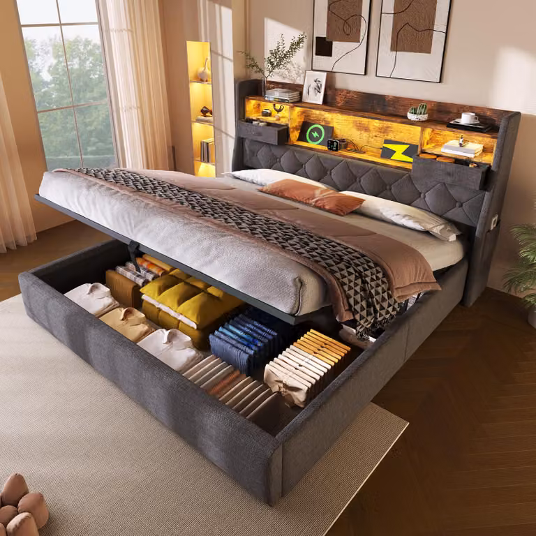 Letto imbottito STILVORA, 180x200 cm, con spazio contenitore idraulico, letto matrimoniale con testiera LED e 4 prese di ricarica, letto contenitore con rete a doghe (incluso materasso)