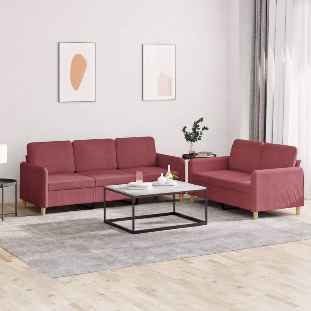 Set di divani vidaXL composto da un divano a 2 posti e uno a 3 posti in tessuto rosso con cuscini inclusi per il tuo soggiorno