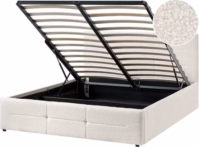 Letto ottomano bianco sporco bouclé 140x200 cm con testiera sollevabile e base a doghe Design moderno