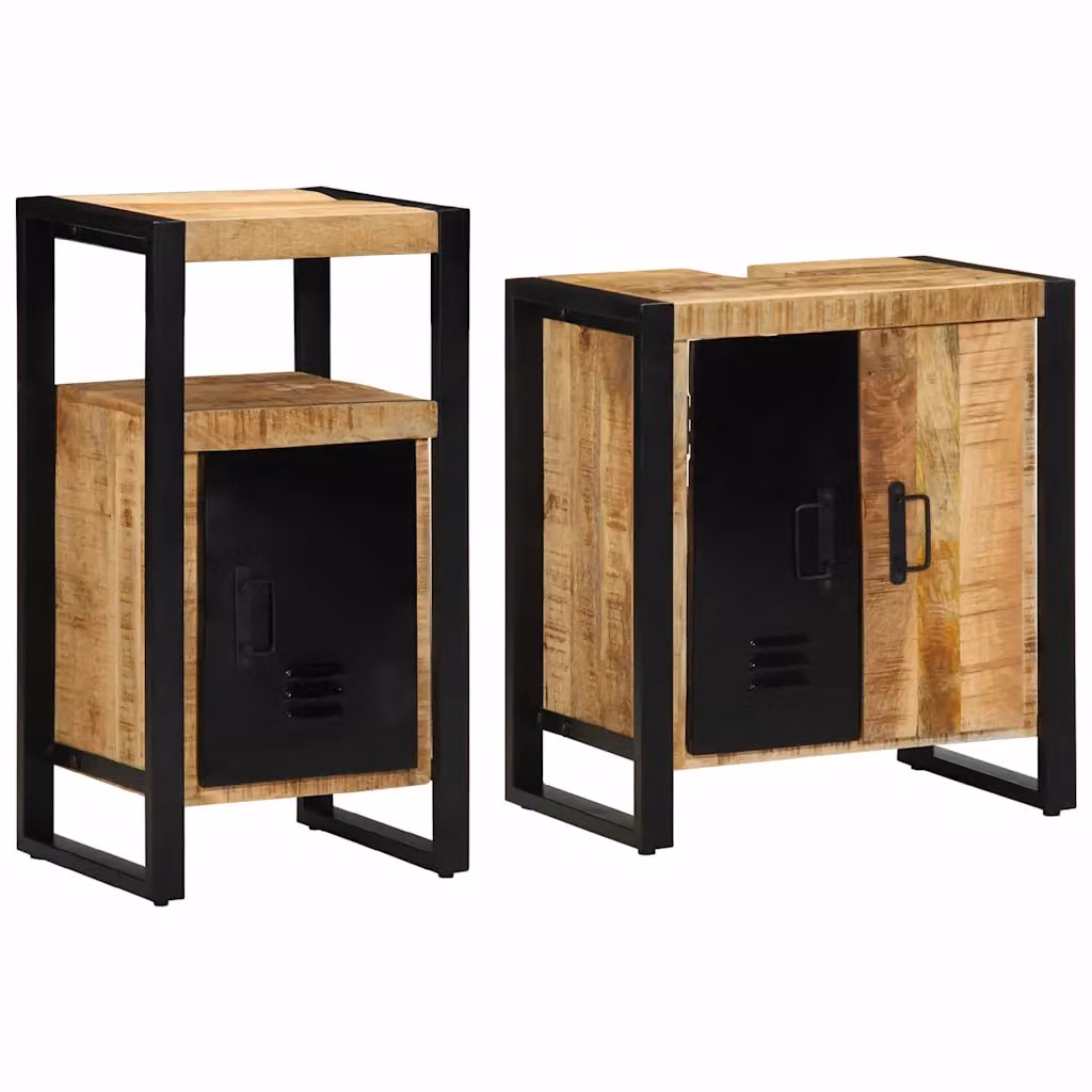 Set di mobili per il bagno vidaXL in legno di mango massello, 2 pezzi, Marrone e Nero, L/P/H: 55 x 35 x 60 cm – 1