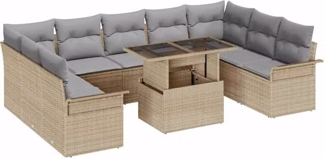 Set Divano da Giardino a Forma di U vidaXL con Cuscini e Tavolino, Rattan e Metallo, Beige e Grigio