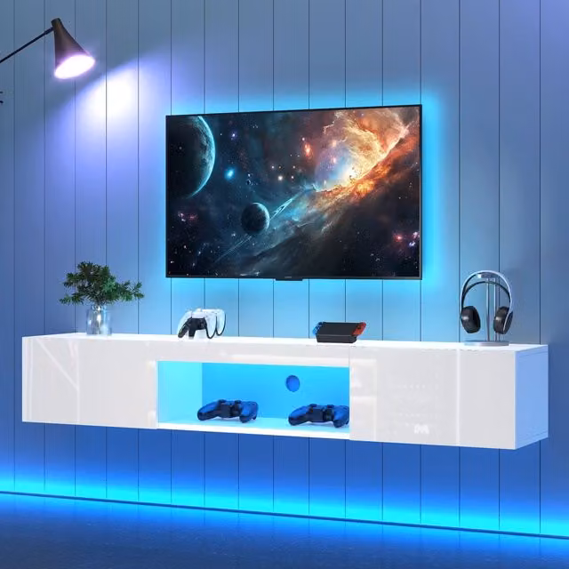 Mobile TV sospeso Mivray bianco con LED integrati controllabili via app Bluetooth, 2 ante laterali e vano aperto, L: 160 cm, P: 31 cm, H: 22 cm