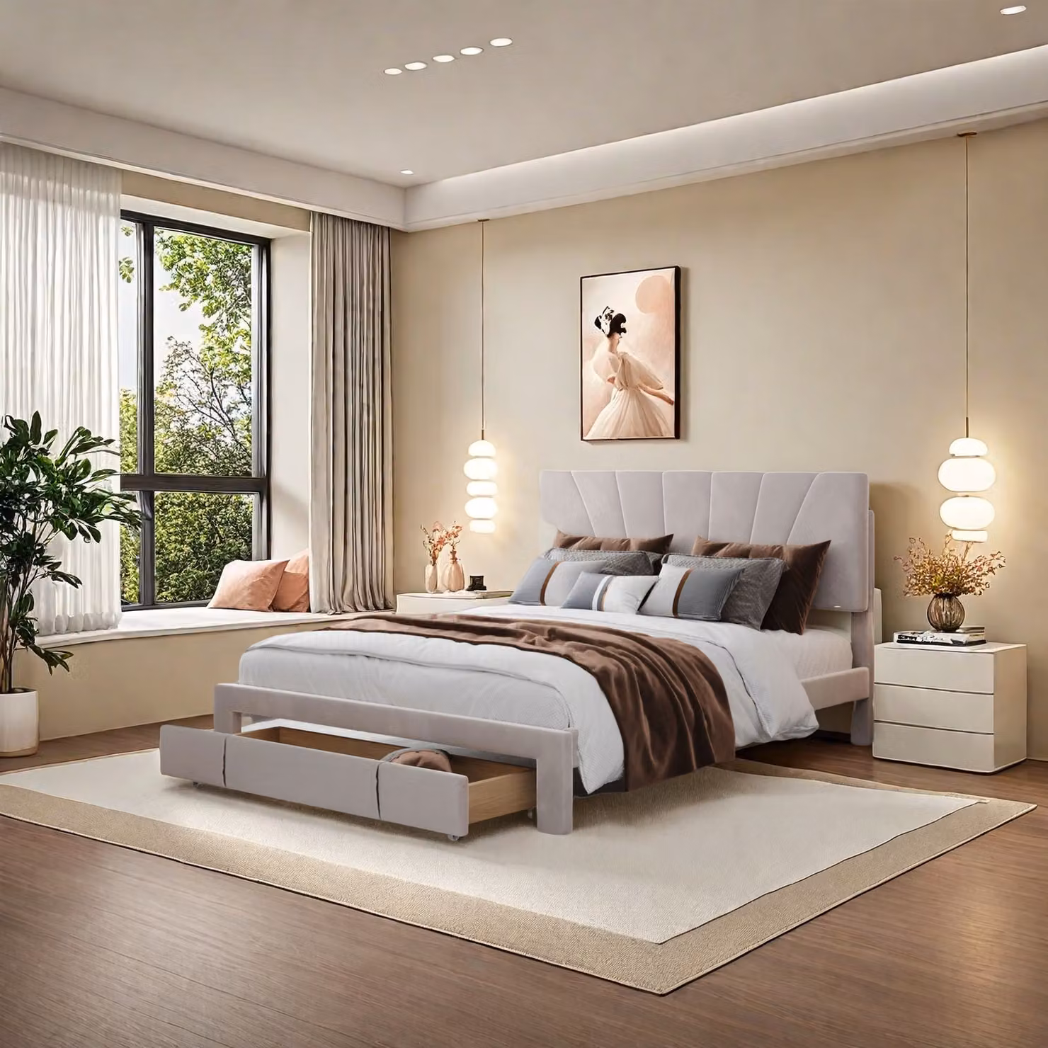 Letto imbottito 140x200cm matrimoniale con rete a doghe e cassetti, letto contenitore letto in legno letto funzionale in velluto, beige