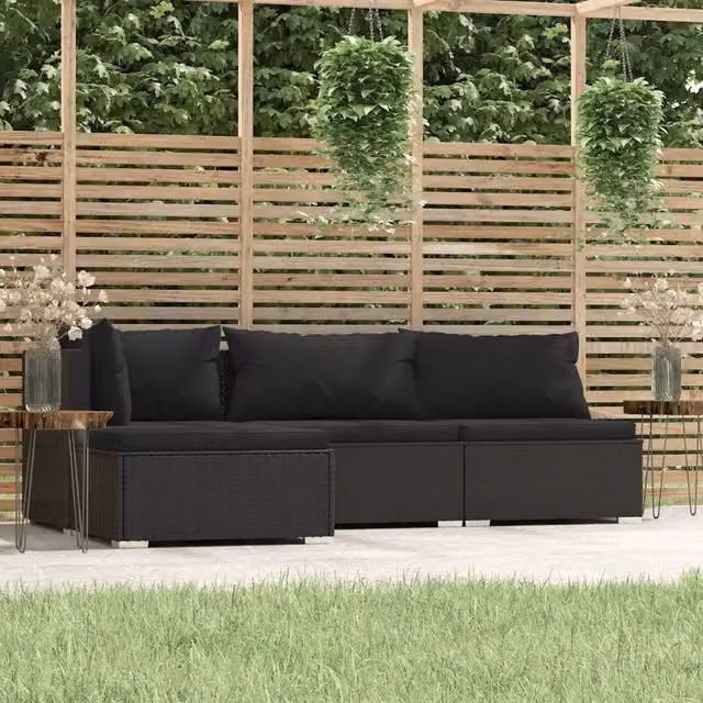 Set Divani da Giardino 4 pz con Cuscini in Polyrattan Nero 317523