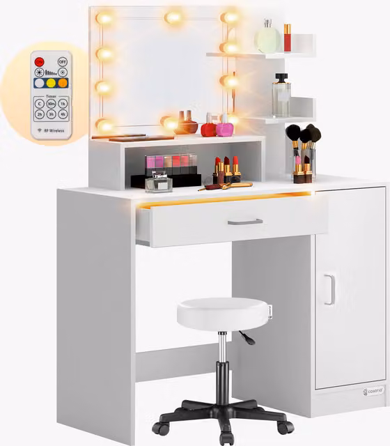 Tavolino da toilette Jocelyn Casaria Bianco con LED e sgabello su rotelle L: 140 cm, P: 90 cm, H: 40 cm