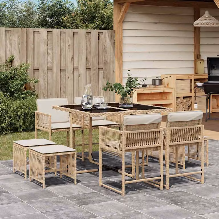 vidaXL Set da Pranzo da Giardino 9 pz in Polyrattan con Cuscini Beige e Piano in Vetro