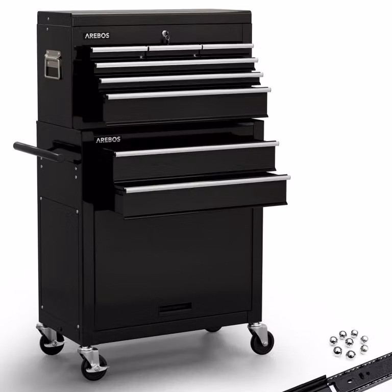Carrello da officina AREBOS nero | 9 scomparti, cuscinetti a sfera, freni di stazionamento