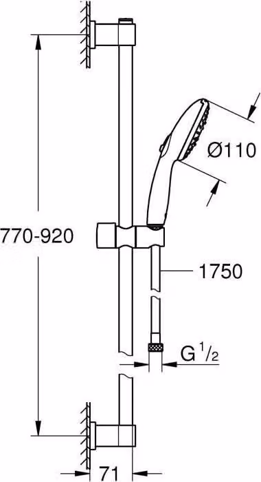 Sistema doccia GROHE Vitalio Start 110, 3 tipi di getto, asta da 90 cm, tubo flessibile da 1,75 m, cromato, a risparmio idrico