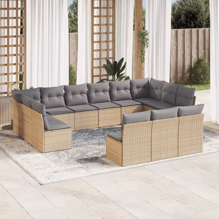 vidaXL Set Divano da Giardino 13 pz a forma di U in Polyrattan con Cuscini Beige e Grigio e Struttura in Acciaio