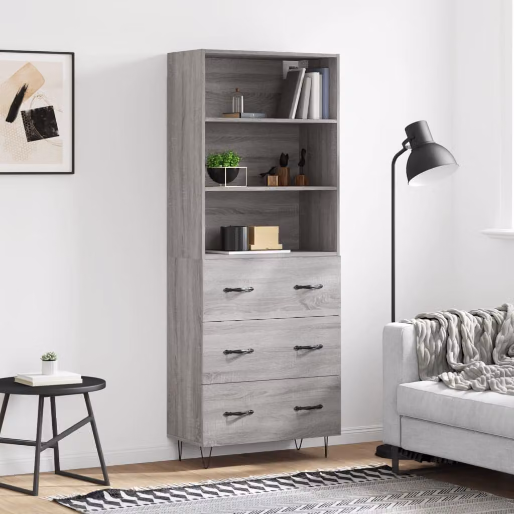Credenza moderna vidaXL in legno multistrato e metallo, Grigio Sonoma, L: 69,5 cm, P: 34 cm, H: 180 cm