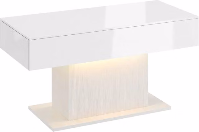 Tavolino da Salotto LED con Vano Portaoggetti, 2 Cassetti e Telecomando, Finitura Lucida, Design Moderno, Bianco