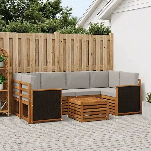 Set di divani da esterno a L con tavolino vidaXL in legno di acacia, 7 pezzi, Beige e Grigio