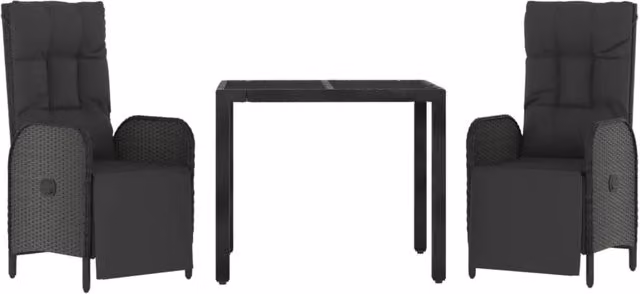 Set da pranzo da esterno Outsunny a 3 pezzi in polyrattan nero con piano in vetro e cuscini