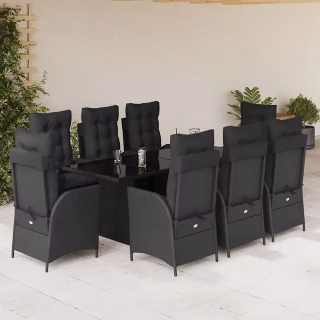 Set da pranzo da giardino vidaXL in polyrattan nero con cuscini e tavolo in vetro per 9 persone