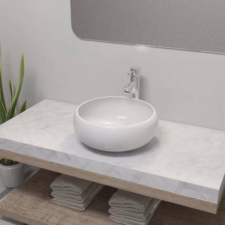 The Living Store Lavandino da bagno con miscelatore in Vetroceramica rotondo bianco