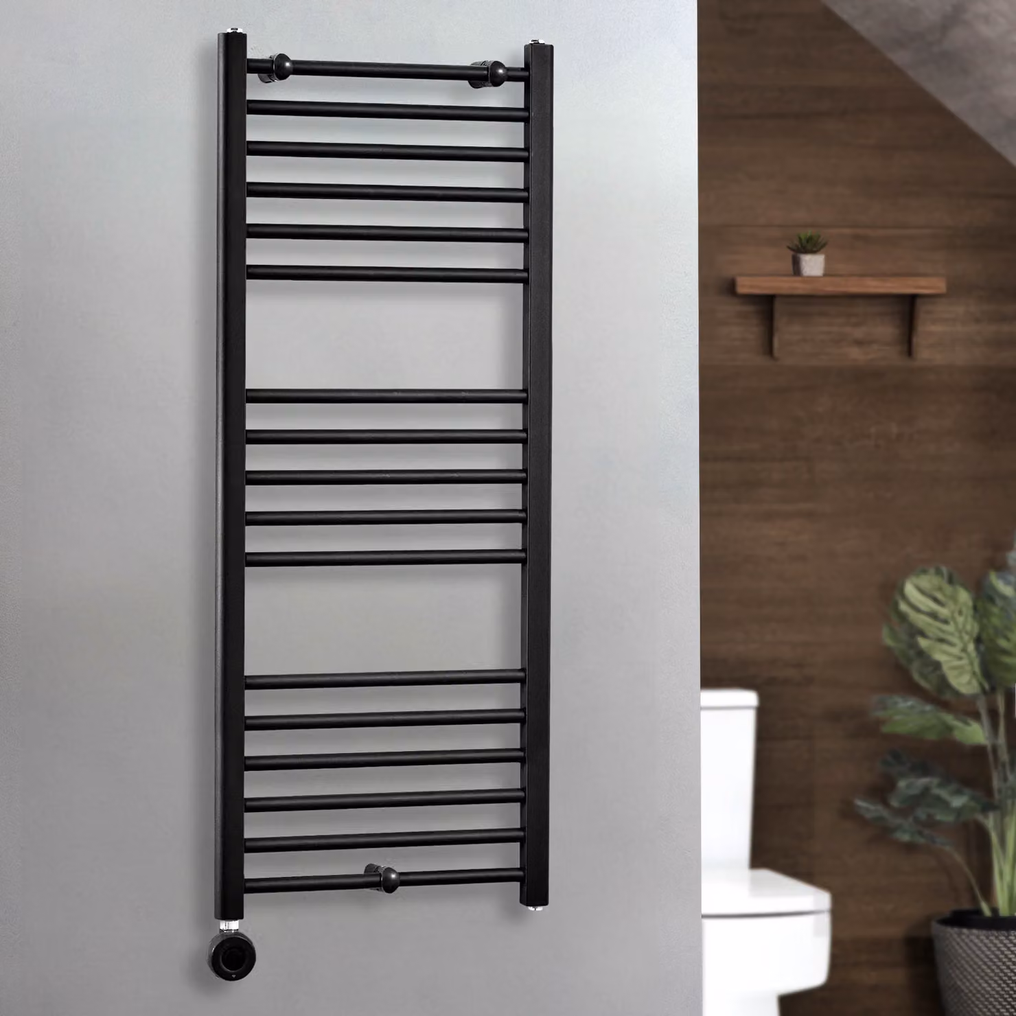 Scaldasalviette Elettrico Diritto Nox ECOSO by Hudson Reed Nero con Elemento Termostatico Wi-Fi e Presa Elettrica L: 120 cm, P: 50 cm