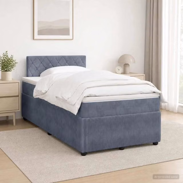 Letto box spring ibrido vidaXL con materasso a molle insacchettate in velluto grigio, con base contenitore sollevabile, illuminazione sottostante e porta USB, L/P: 120 x 200 cm – 1