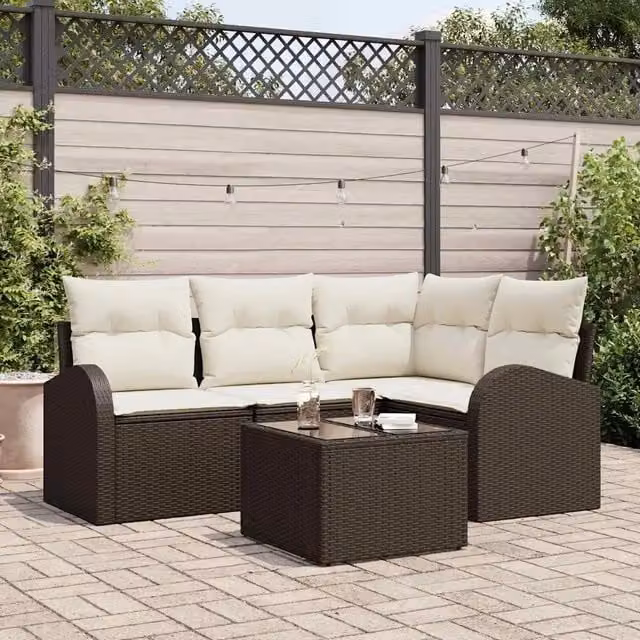Set Divano da Giardino 5 Pezzi vidaXL in Polyrattan Marrone e Bianco con Cuscini e Tavolino