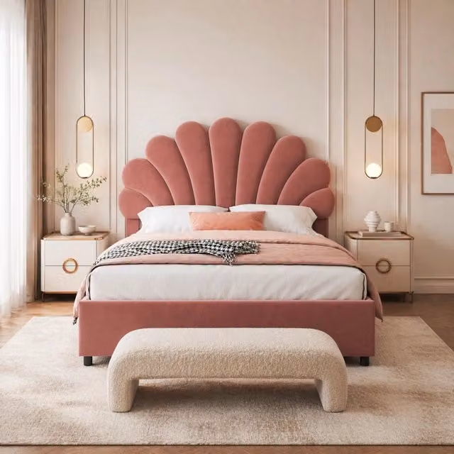 Letto matrimoniale con contenitore Mivray con testiera floreale imbottita in velluto rosa L/P/H: 140 x 200 x 119 cm