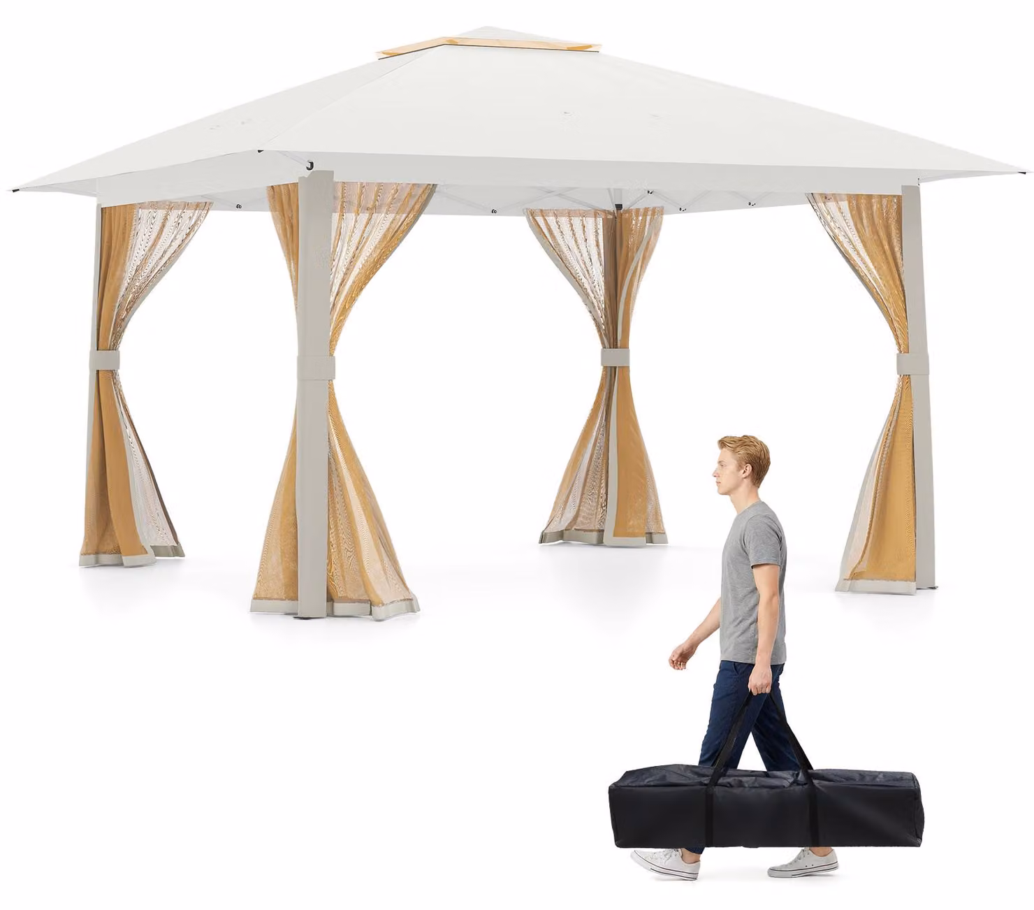 KOMFOTTEU Tenda da giardino pieghevole 4x4 m, tenda pop-up con tetto doppio, 4 reti antizanzare rimovibili, tenda da festa con struttura metallica, pe