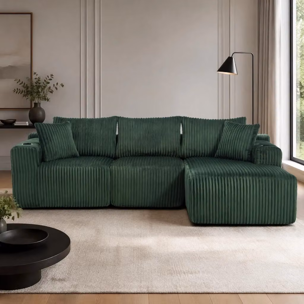 Divano modulare Mivray a L in velluto a coste verde con chaise longue, portabevande e cuscini inclusi – 2