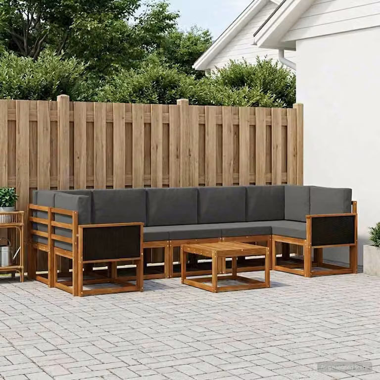 Set di divani da esterno vidaXL a forma di L in legno di acacia con cuscini, marrone e grigio